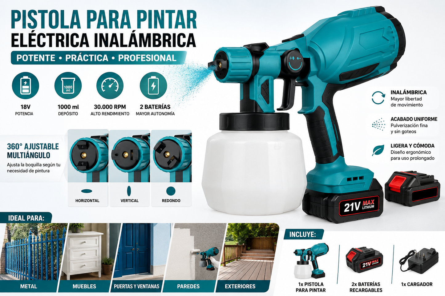 Pistola para Pintar Eléctrica Inalámbrica con 2 Baterías