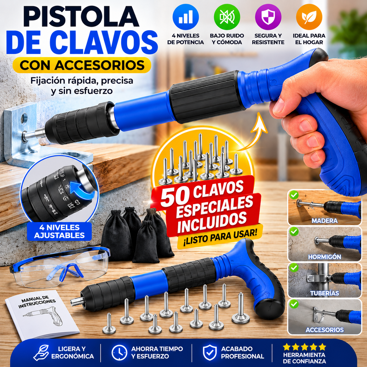 Pistola Clavadora Profesional 4 Niveles con Accesorios – Fijación Rápida para Madera, Hormigón y Bricolaje