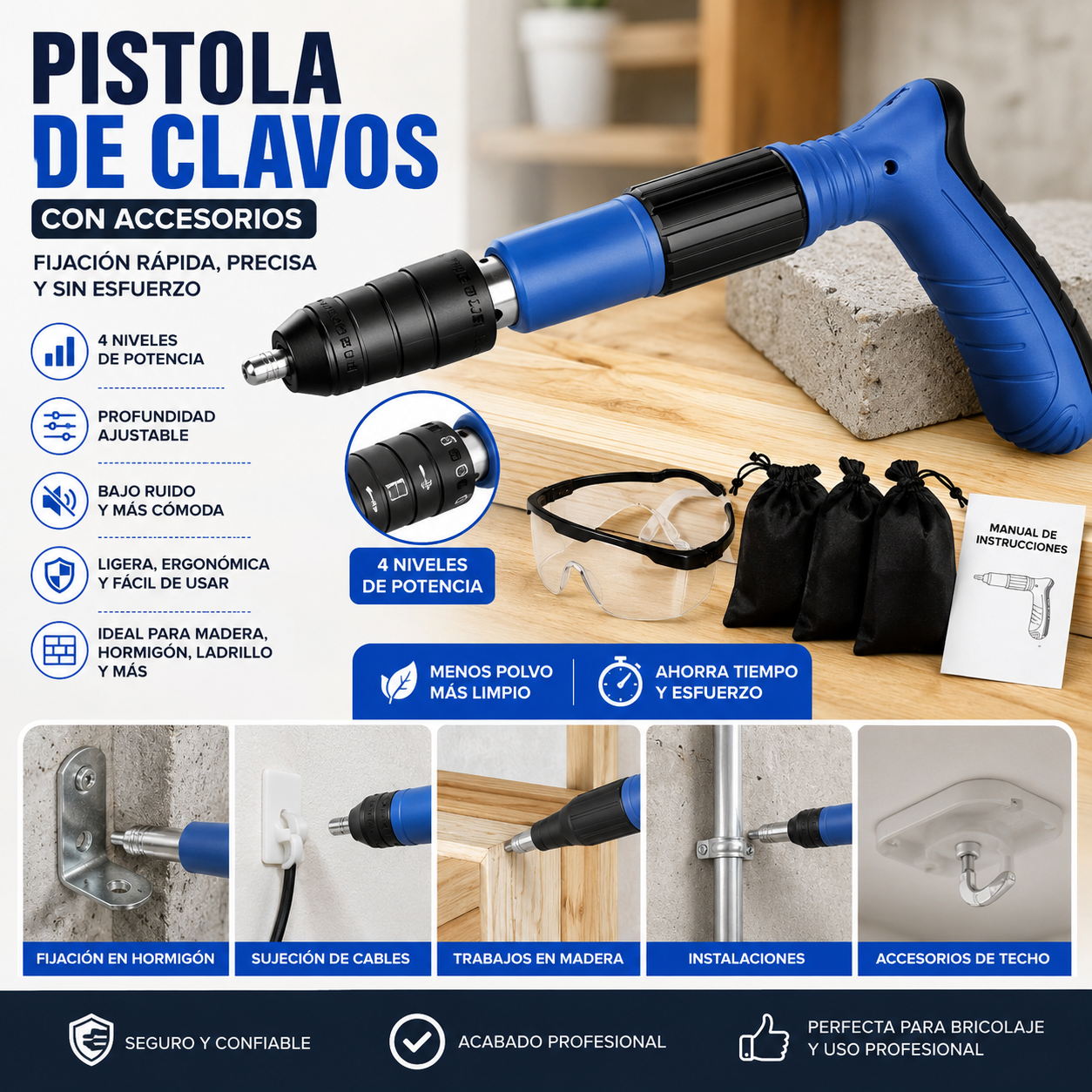 Pistola Clavadora Profesional 4 Niveles con Accesorios – Fijación Rápida para Madera, Hormigón y Bricolaje