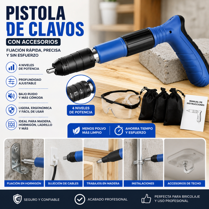 Pistola Clavadora Profesional 4 Niveles con Accesorios – Fijación Rápida para Madera, Hormigón y Bricolaje