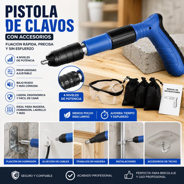 Pistola Clavadora Profesional 4 Niveles con Accesorios – Fijación Rápida para Madera, Hormigón y Bricolaje